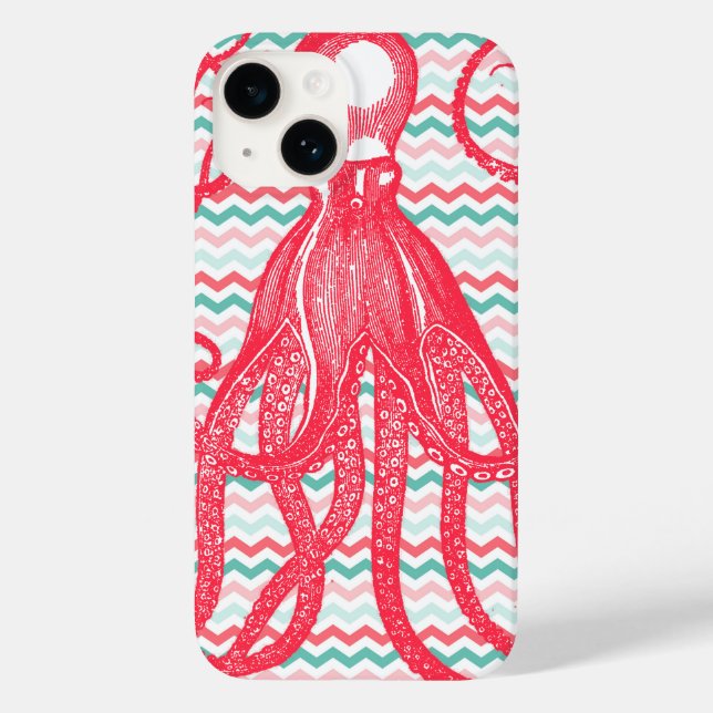 Antique Octopus on Coral and Aqua Chevrons Case-Mate iPhone Case (Back)