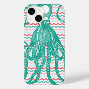 Antique Octopus on Coral and Aqua Chevrons Case-Mate iPhone 14 Case