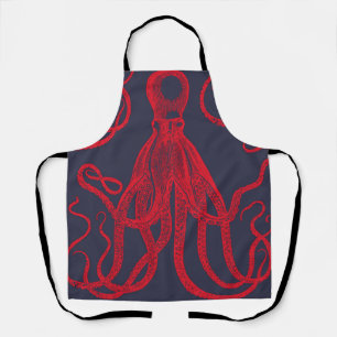 Antique Octopus Red on Blue Apron