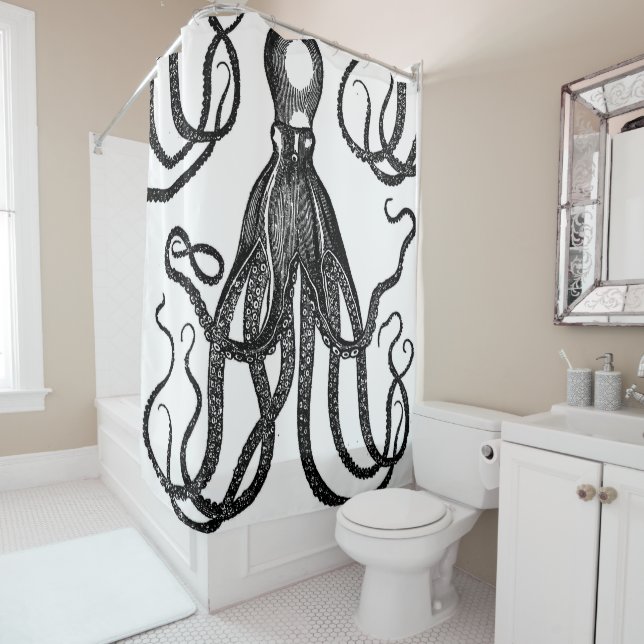 Antique Octopus with Tentacles Black Shower Curtain (In Situ)