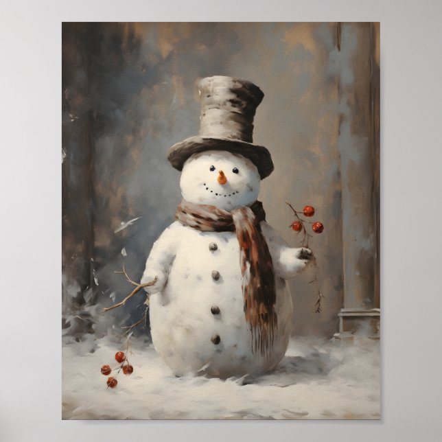 Antique Oil Painting Of A Snowman Wearing Hat Poster (Front)