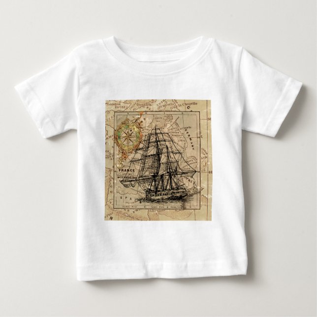 Antique Old General France Map & Ship Baby T-Shirt (Front)