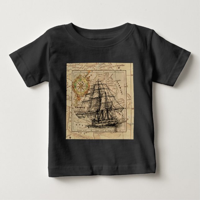 Antique Old General France Map & Ship Baby T-Shirt (Front)