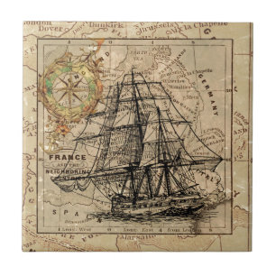 Antique Old General France Map & Ship Ceramic Tile