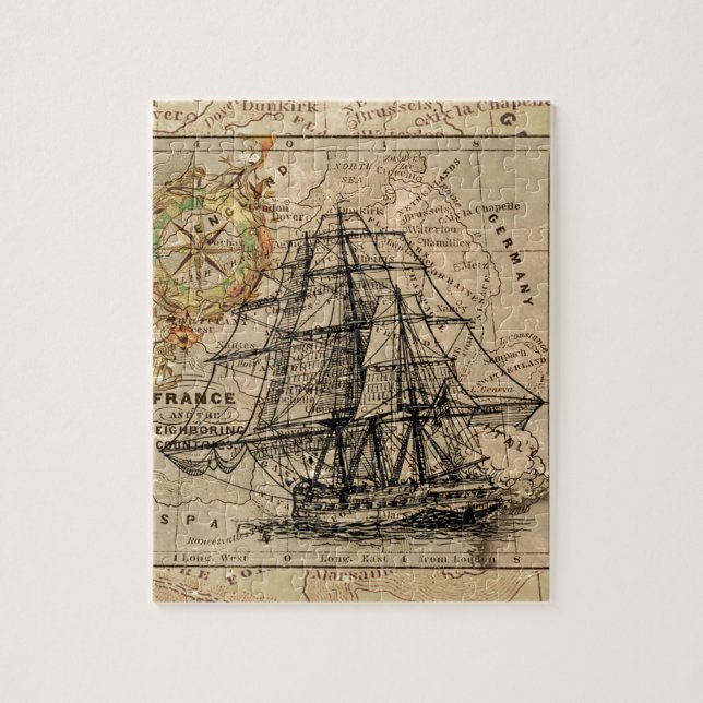 Antique Old General France Map & Ship Jigsaw Puzzle (Vertical)