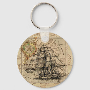 Antique Old General France Map & Ship Key Ring