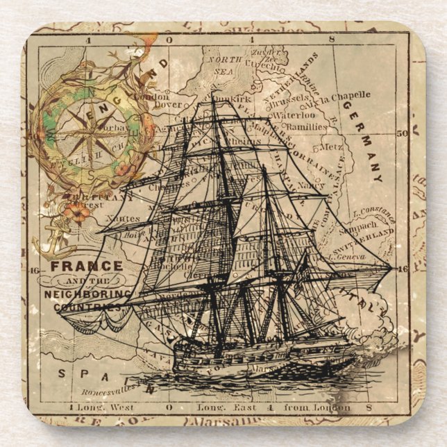 Antique Old General France Map & Ship Lithograph Coaster (Front)