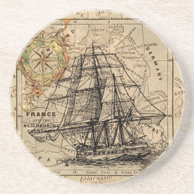 Antique Old General France Map & Ship Lithograph Coaster (Front)