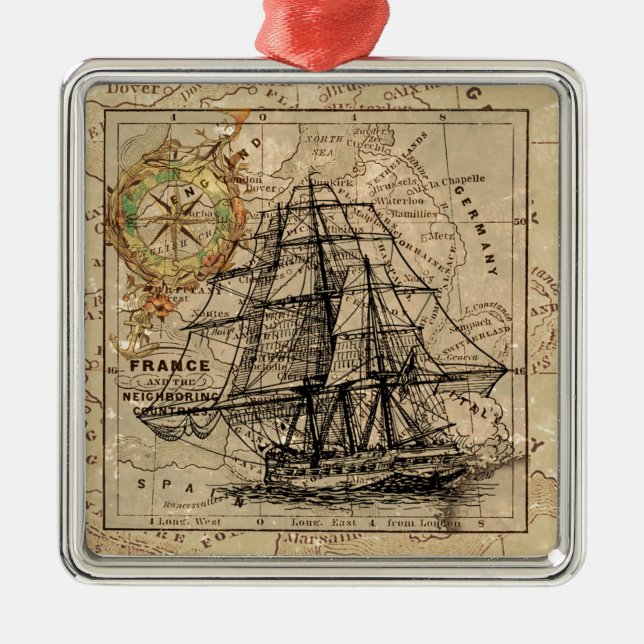 Antique Old General France Map & Ship Metal Tree Decoration (Front)