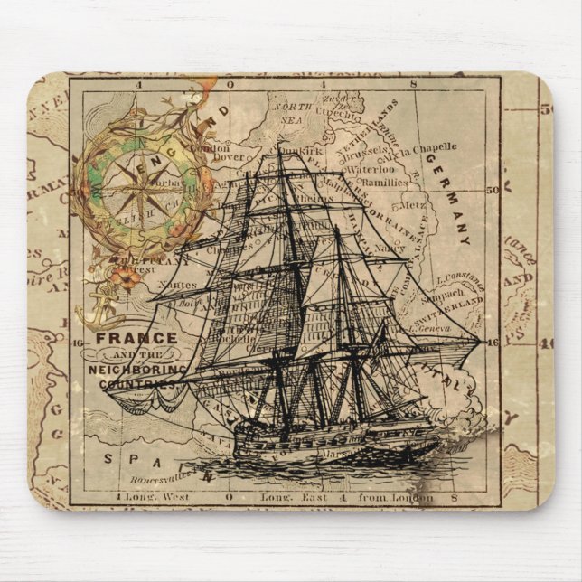 Antique Old General France Map & Ship Mouse Pad (Front)