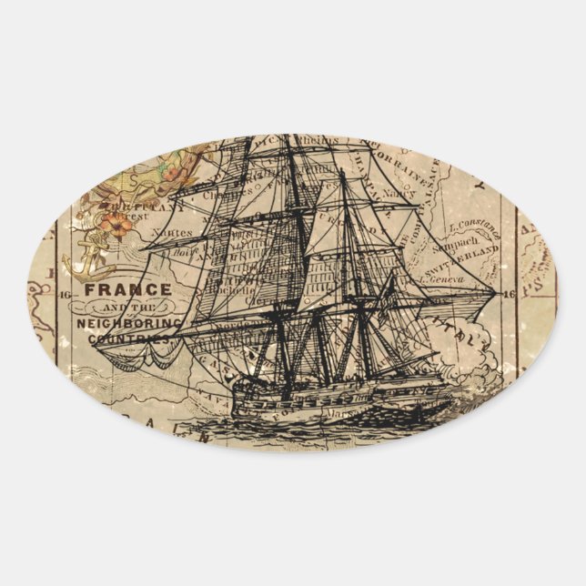 Antique Old General France Map & Ship Oval Sticker (Front)