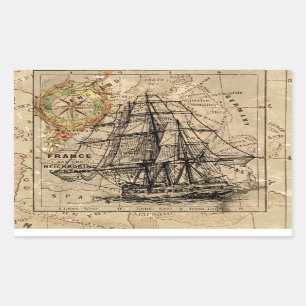 Antique Old General France Map & Ship Rectangular Sticker
