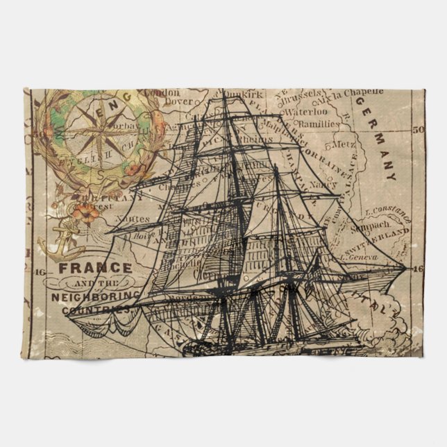 Antique Old General France Map & Ship Tea Towel (Horizontal)