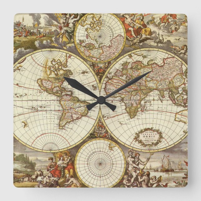 Antique Old World Map by Frederick de Wit, c. 1680 Square Wall Clock (Front)