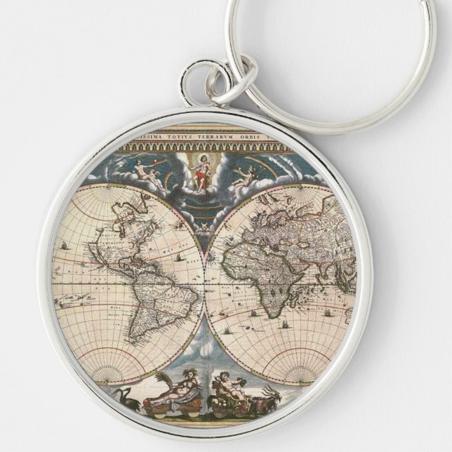 Antique Old World Map History Design Keychain (Front)