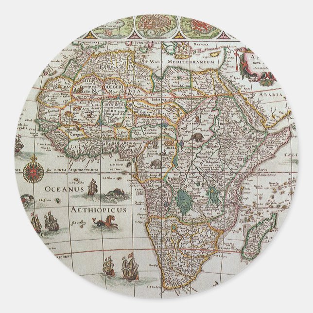 Antique Old World Map of Africa by Blaeu, c.1635 Classic Round Sticker (Front)