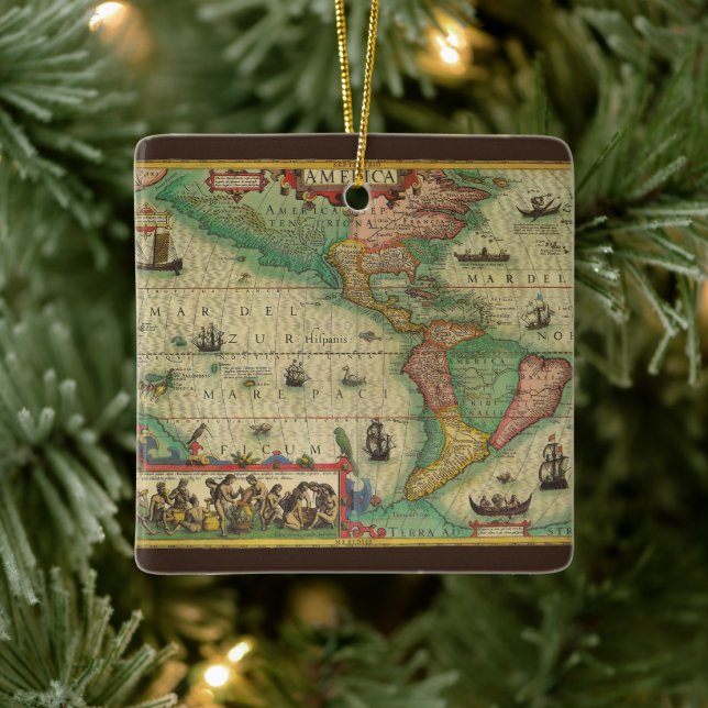 Antique Old World Map of the Americas by Hondius Ceramic Ornament (Tree)