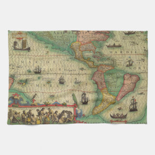 Antique Old World Map of the Americas by Hondius Tea Towel