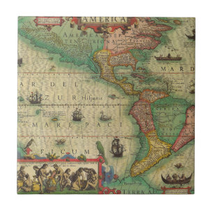 Antique Old World Map of the Americas by Hondius Tile