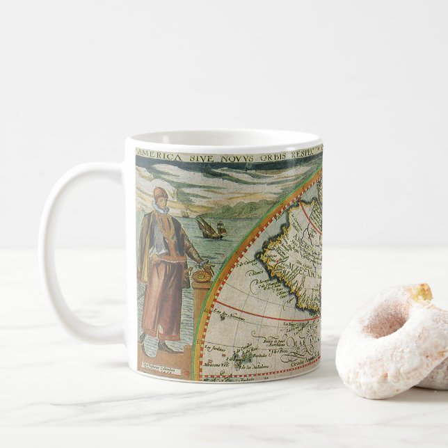 Antique Old World Map the Americas, Theodor de Bry Coffee Mug (With Donut)