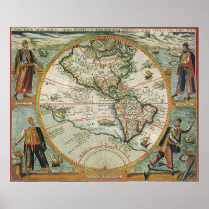 Antique Old World Map the Americas, Theodor de Bry Poster