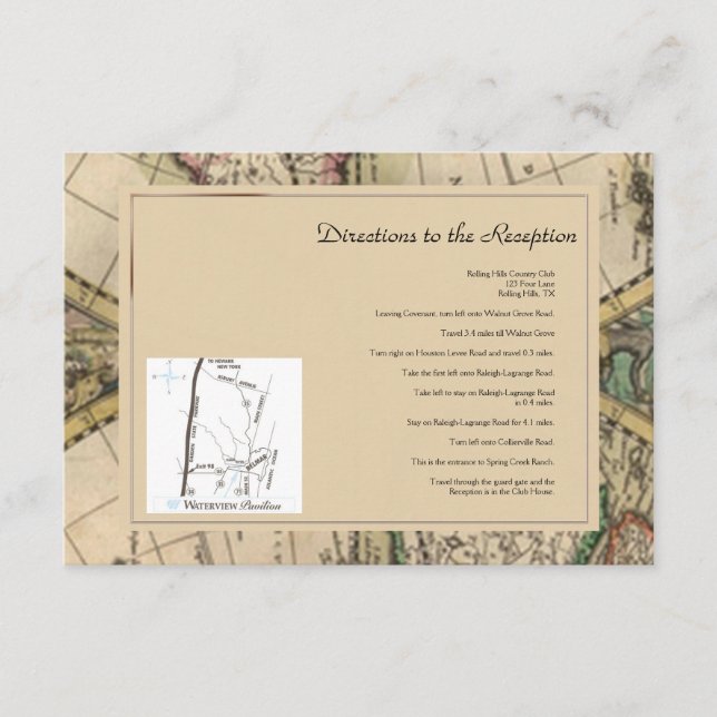 Antique Old World Map Wedding Directions Enclosure Card (Front)