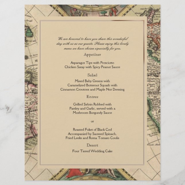 Antique Old World Map Wedding Menu (Front)