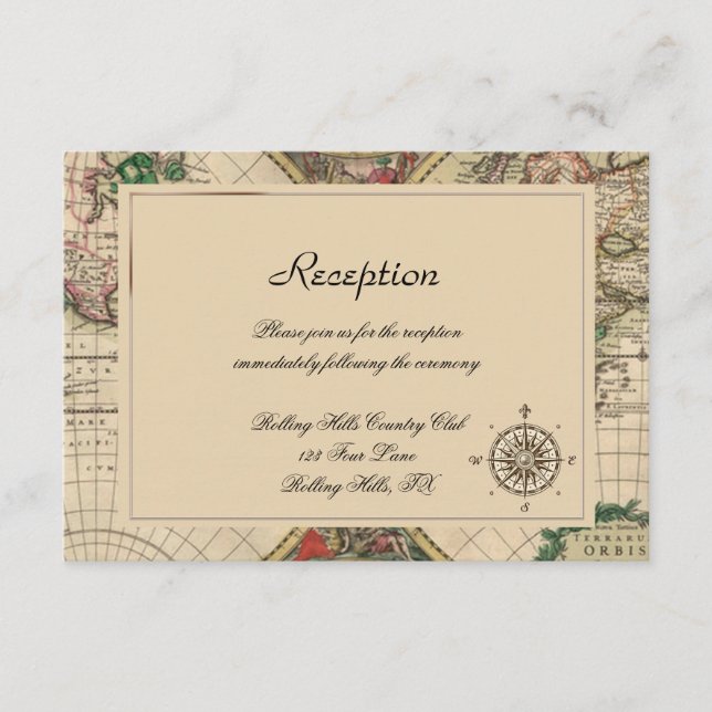Antique Old World Map Wedding Reception Enclosure Card (Front)