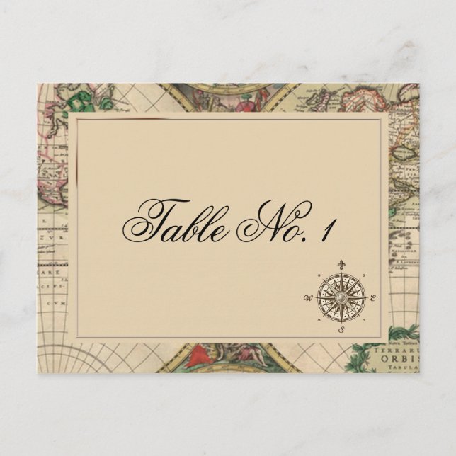 Antique Old World Map Wedding Table Number Postcard (Front)