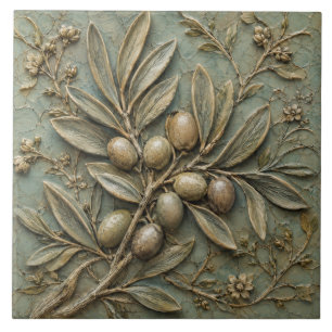 Antique Olive Branch Botanical Faux Relief Ceramic Tile
