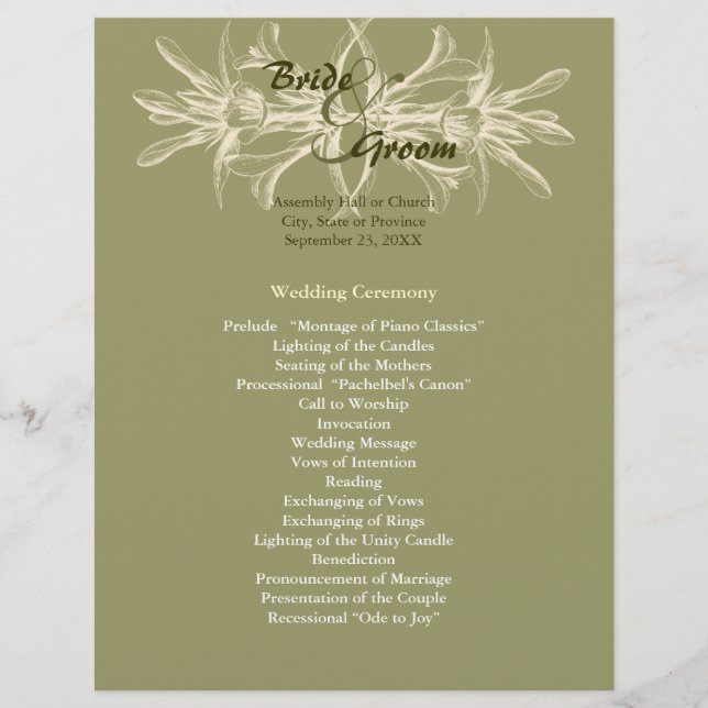 Antique Olive Floral Wedding Program (Front)
