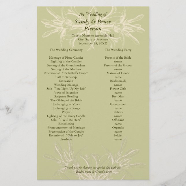 Antique Olive Floral Wedding Program Stationery (Front)