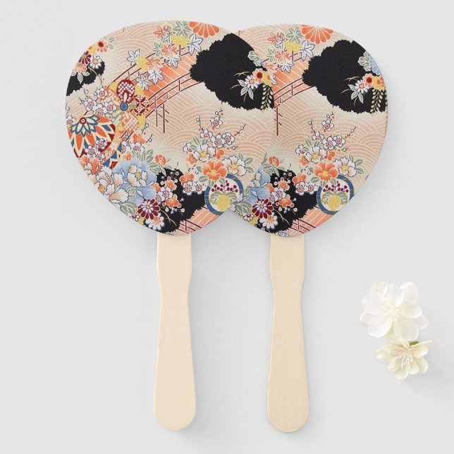 Antique Orange Black Japanese Kimono Floral Flower Hand Fan (Front and Back)