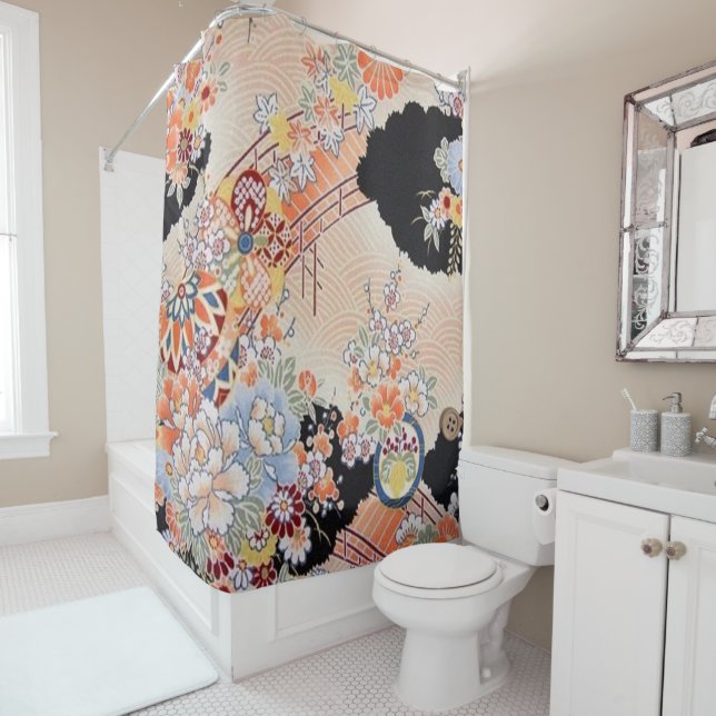 Antique Orange Black Japanese Kimono Floral Flower Shower Curtain (In Situ)