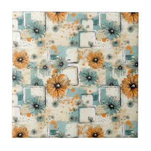 Antique Orange Blue Botanical Floral Cream Ceramic Tile