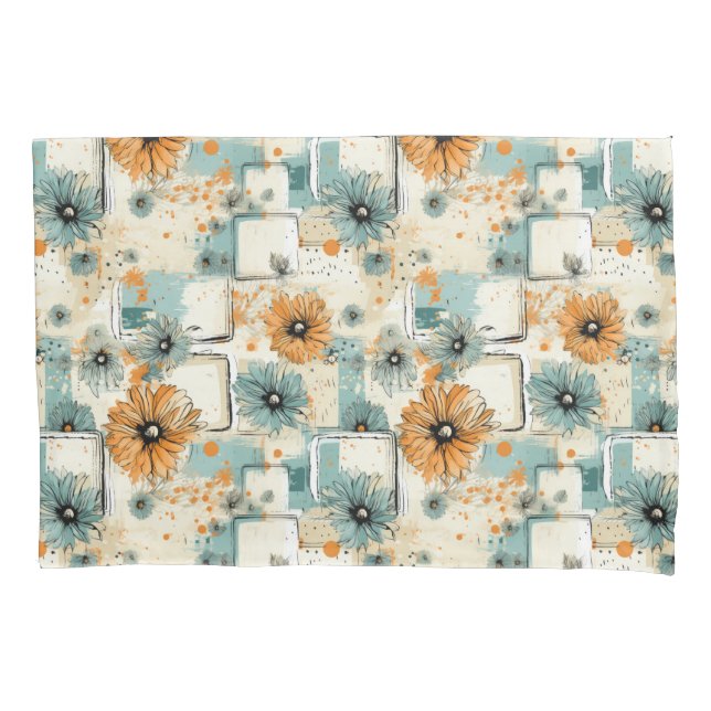 Antique Orange Blue Botanical Floral Cream Pillowcase (Front-Left)