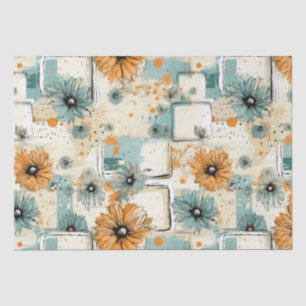 Antique Orange Blue Botanical Floral Cream Tissue Paper