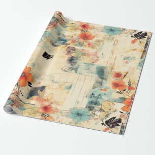 Antique Orange Blue Floral Faded Ephemera Wrapping Paper
