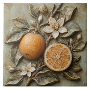 Antique Orange Branch Citrus Faux Relief Ceramic Tile