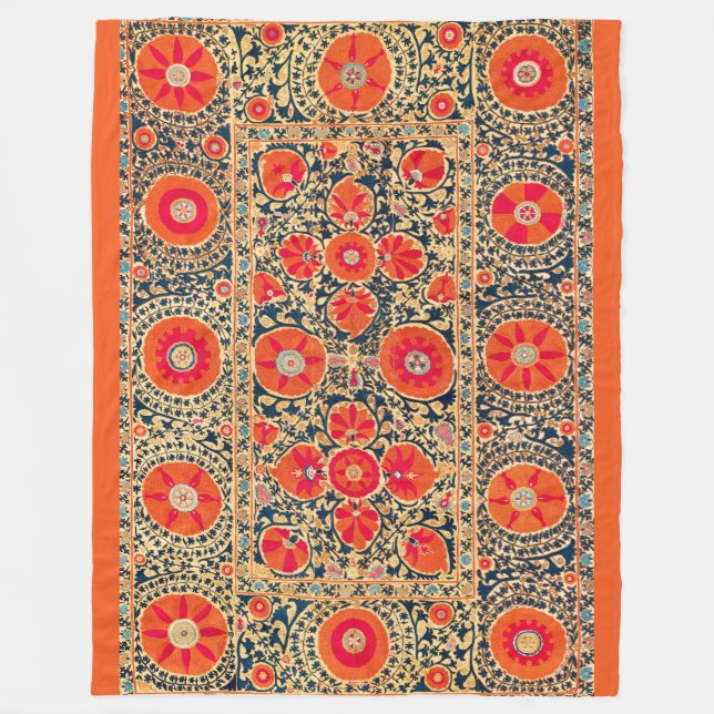 ANTIQUE ORANGE RED WHITE FLORAL UZBEK EMBROIDERY  FLEECE BLANKET (Front)