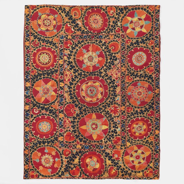 ANTIQUE ORANGE RED WHITE FLORAL UZBEK EMBROIDERY  FLEECE BLANKET (Front)