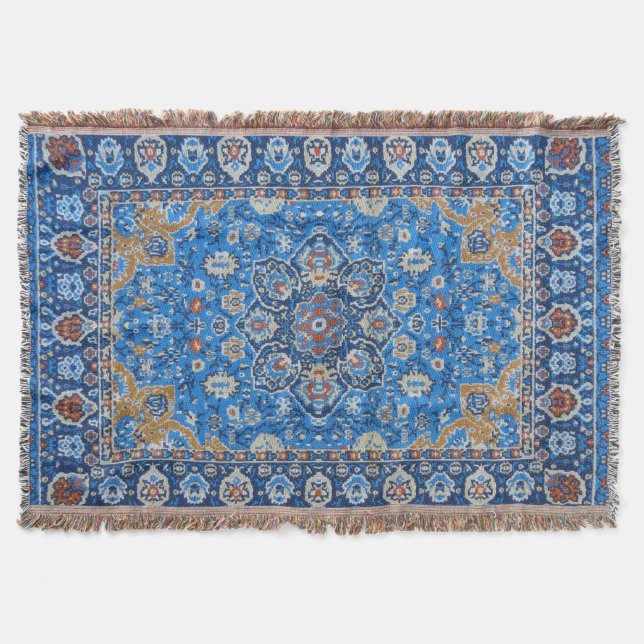 Antique Oriental Blue Turkish Persian Carpet Rug Throw Blanket (Front)