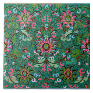 Antique oriental floral pattern green and pink ceramic tile