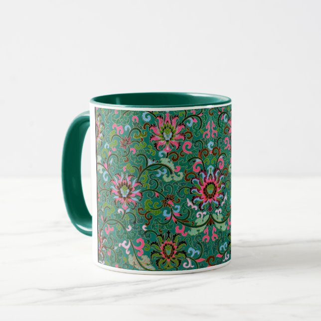 Antique oriental floral pattern green pink brown mug (Front Left)