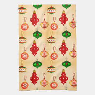 Antique Ornament Pattern in Red, Green and Pink Tea Towel