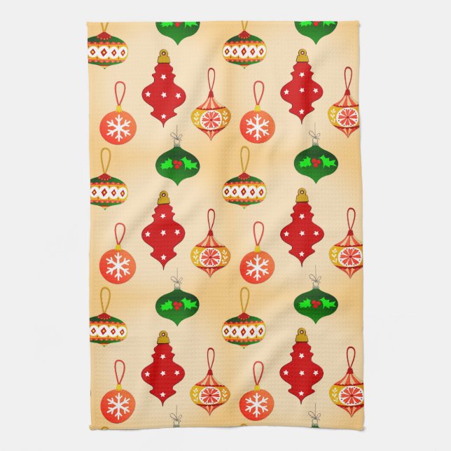 Antique Ornament Pattern in Red, Green and Pink Tea Towel (Vertical)