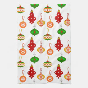 Antique Ornament Pattern in Red, Green and White Tea Towel