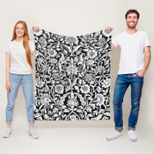 Antique Ornamental Floral white on black Fleece Blanket