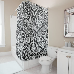 Antique Ornamental Floral white on black Shower Curtain