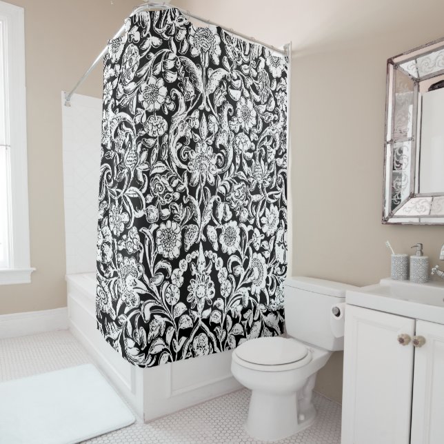 Antique Ornamental Floral white on black Shower Curtain (In Situ)